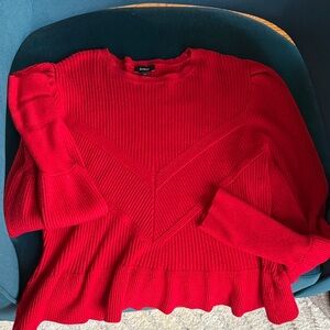 Express Vibrant Red Ribbed Peplum Sweater with Puff Sleeves